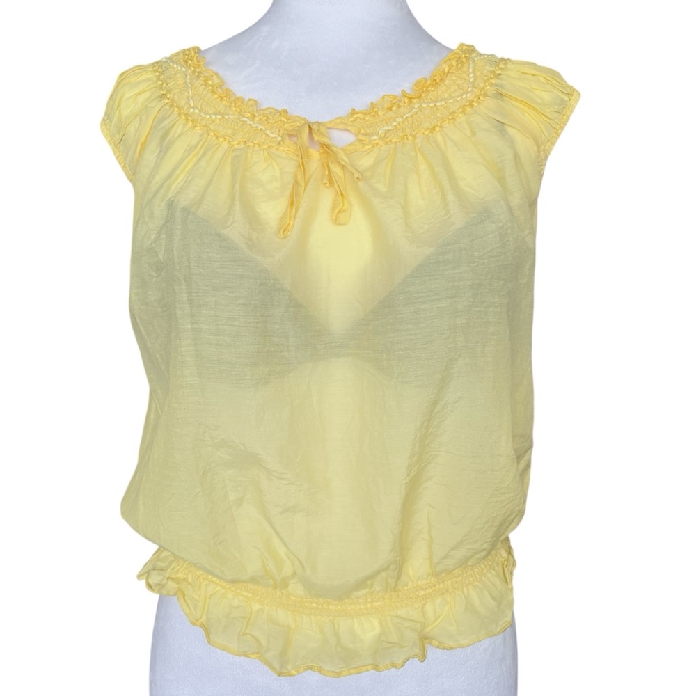 Coco Cabana Yellow Smocked Neck Cap-Sleeve Sheer Top Silk Cotton Blend XS
